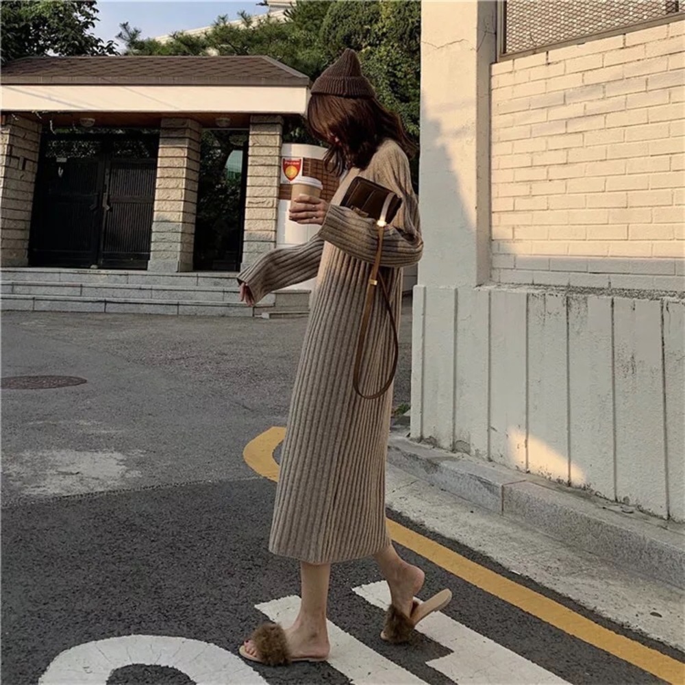 Sweater dress rib knit mocha brown long sleeve dress womens - Picture 4 of 6